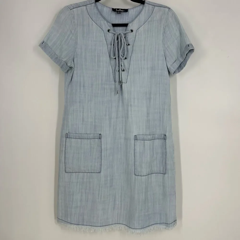 LULUS Women’s Light Blue Denim Lace Up Shift Dress Sz S